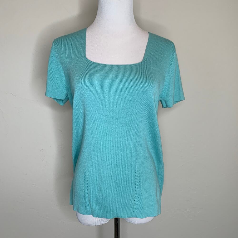 Pastel Green Square Neck Short Sleeve Sweater Fine Knit Sz Large